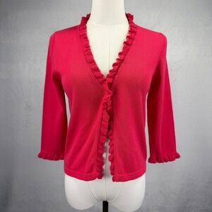 Y2K Monsoon Whimsy Pink Ruffle Cardigan Cottage Coquette Preppy Sweater Size S